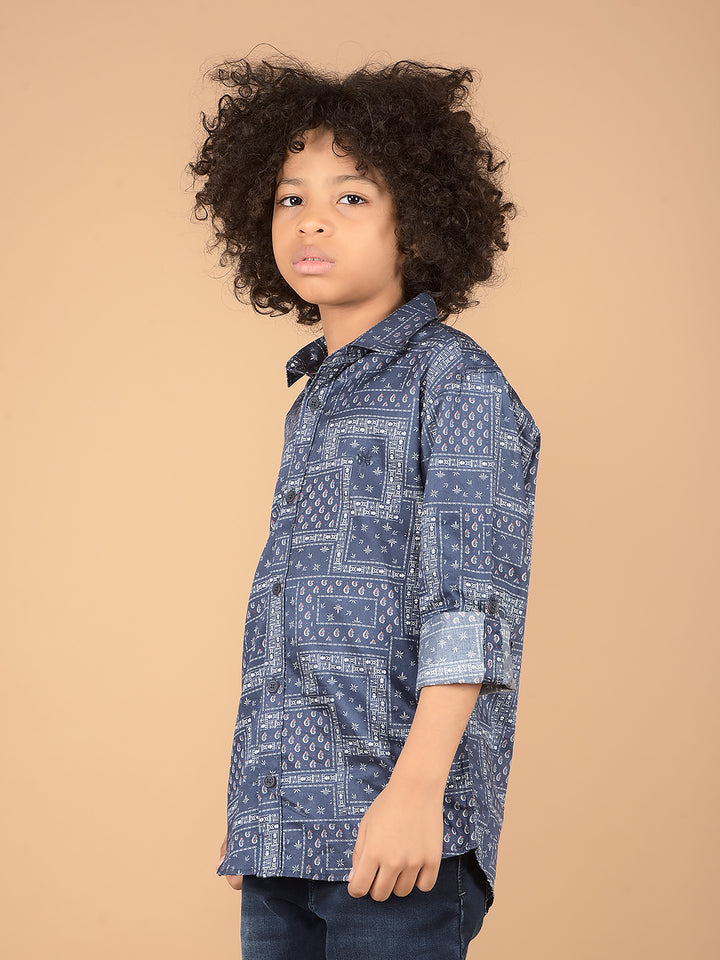 Navy Blue Printed 100% Cotton Shirt-Boys Shirts-Crimsoune Club