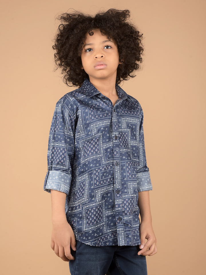 Navy Blue Printed 100% Cotton Shirt-Boys Shirts-Crimsoune Club