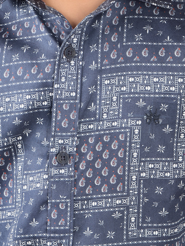Navy Blue Printed 100% Cotton Shirt-Boys Shirts-Crimsoune Club