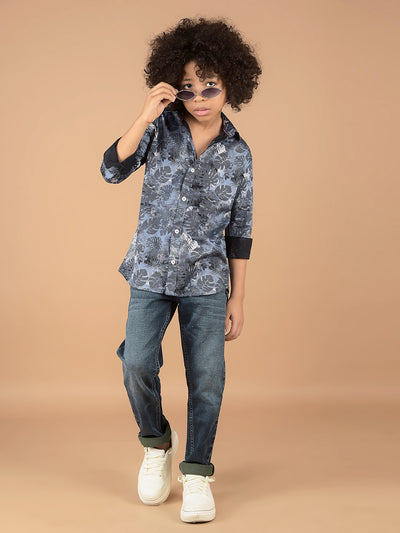 Blue Floral Print 100% Cotton Shirt-Boys Shirts-Crimsoune Club