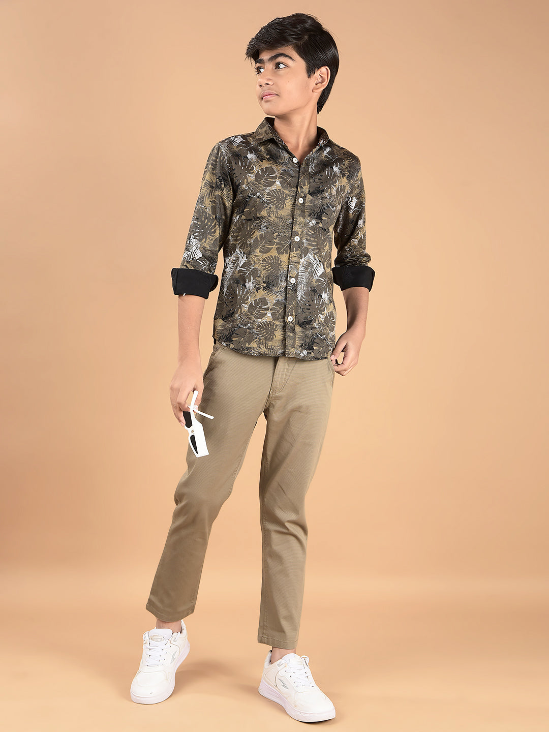 Khaki Floral Print 100% Cotton Shirt-Boys Shirts-Crimsoune Club
