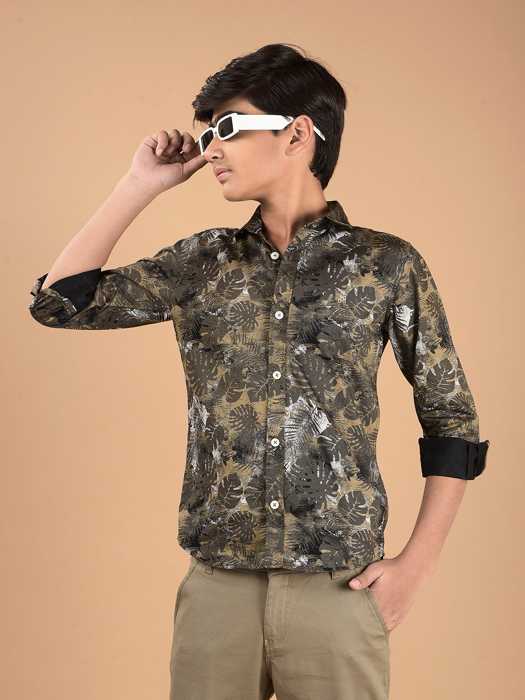 Khaki Floral Print 100% Cotton Shirt-Boys Shirts-Crimsoune Club
