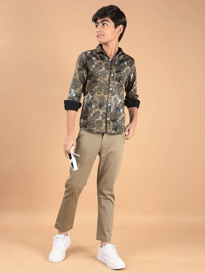 Khaki Floral Print 100% Cotton Shirt-Boys Shirts-Crimsoune Club