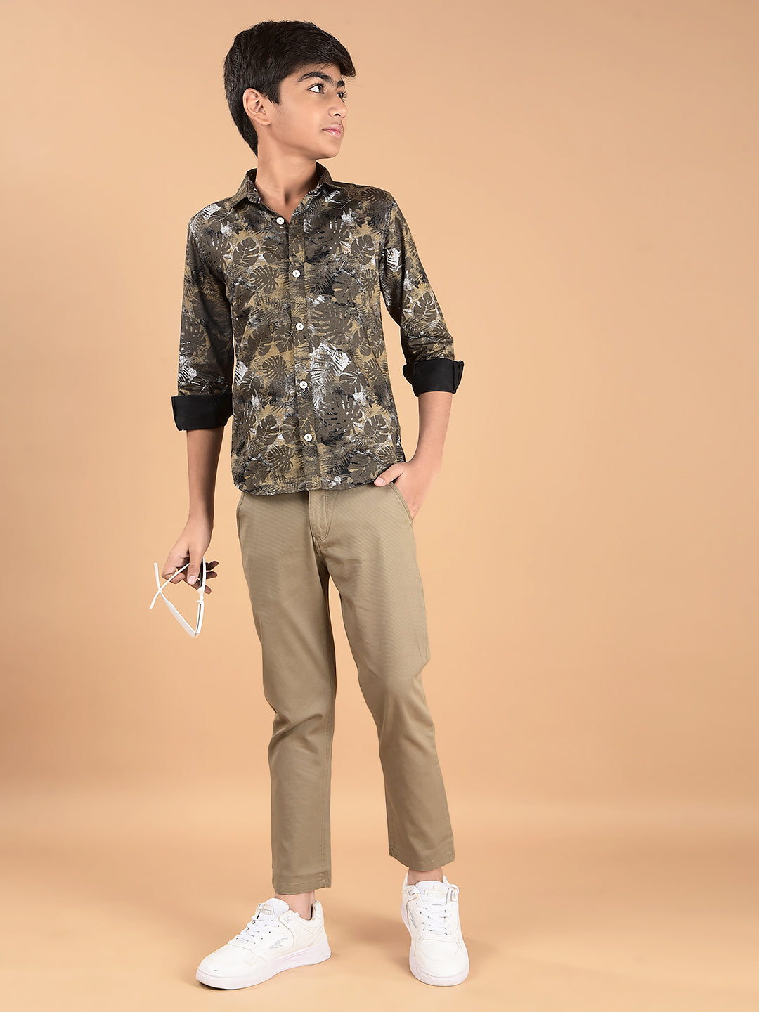 Khaki Floral Print 100% Cotton Shirt-Boys Shirts-Crimsoune Club