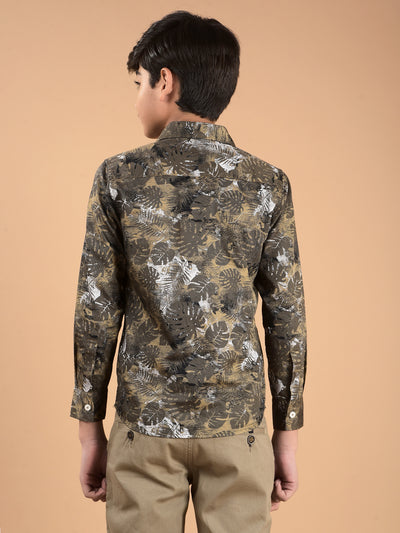 Khaki Floral Print 100% Cotton Shirt-Boys Shirts-Crimsoune Club