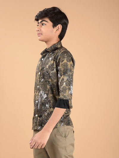 Khaki Floral Print 100% Cotton Shirt-Boys Shirts-Crimsoune Club