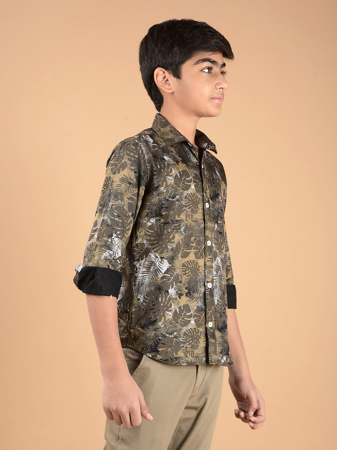 Khaki Floral Print 100% Cotton Shirt-Boys Shirts-Crimsoune Club