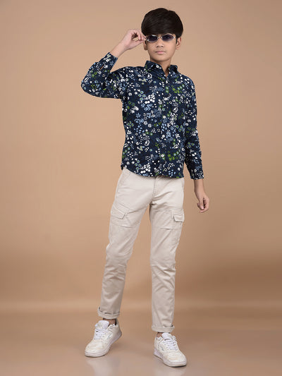 Navy Blue Floral Print 100% Cotton Shirt-Boys Shirts-Crimsoune Club