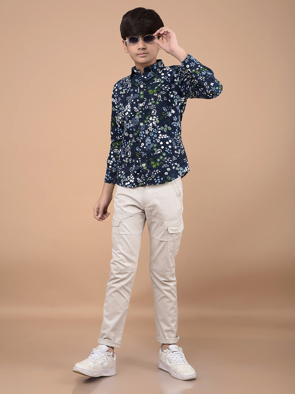 Navy Blue Floral Print 100% Cotton Shirt-Boys Shirts-Crimsoune Club