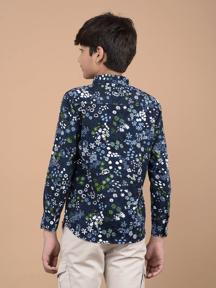 Navy Blue Floral Print 100% Cotton Shirt-Boys Shirts-Crimsoune Club