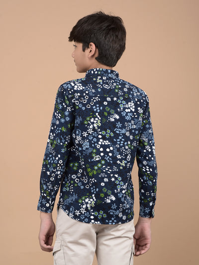 Navy Blue Floral Print 100% Cotton Shirt-Boys Shirts-Crimsoune Club