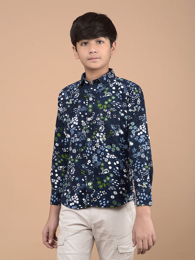 Navy Blue Floral Print 100% Cotton Shirt-Boys Shirts-Crimsoune Club