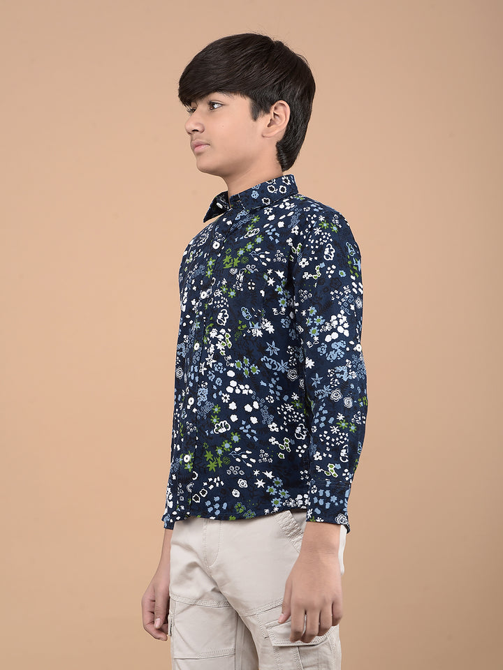 Navy Blue Floral Print 100% Cotton Shirt-Boys Shirts-Crimsoune Club