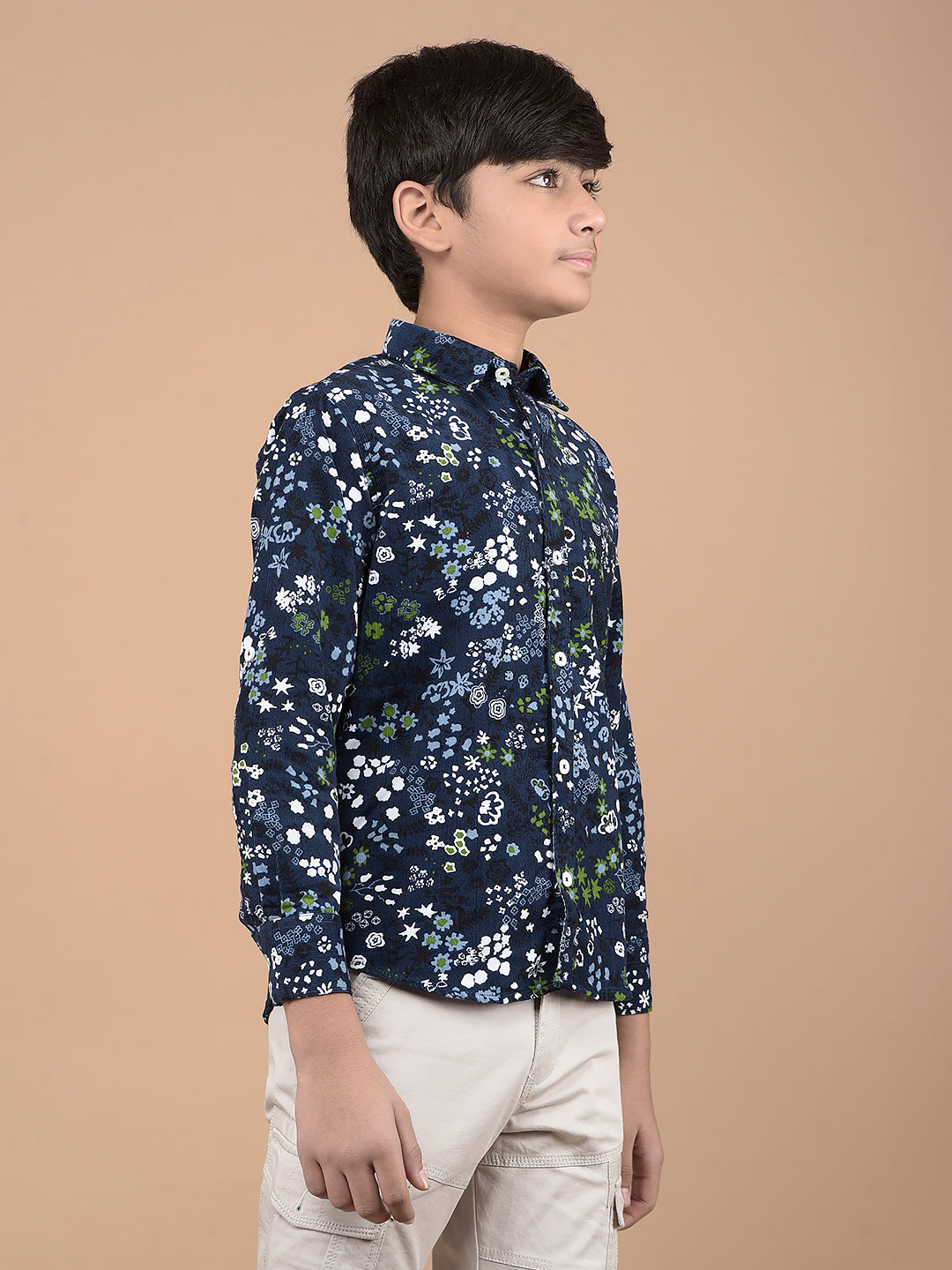 Navy Blue Floral Print 100% Cotton Shirt-Boys Shirts-Crimsoune Club