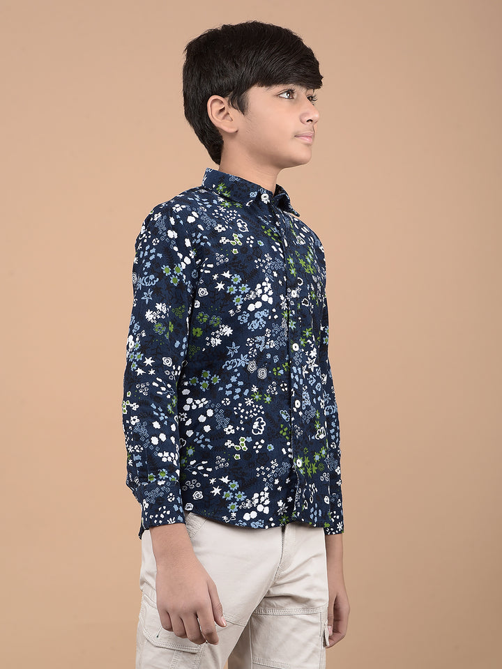 Navy Blue Floral Print 100% Cotton Shirt-Boys Shirts-Crimsoune Club