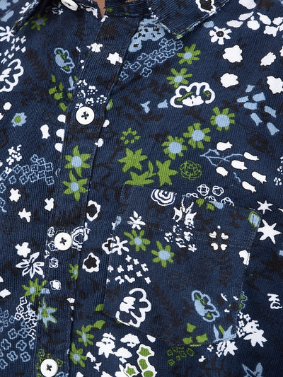 Navy Blue Floral Print 100% Cotton Shirt-Boys Shirts-Crimsoune Club