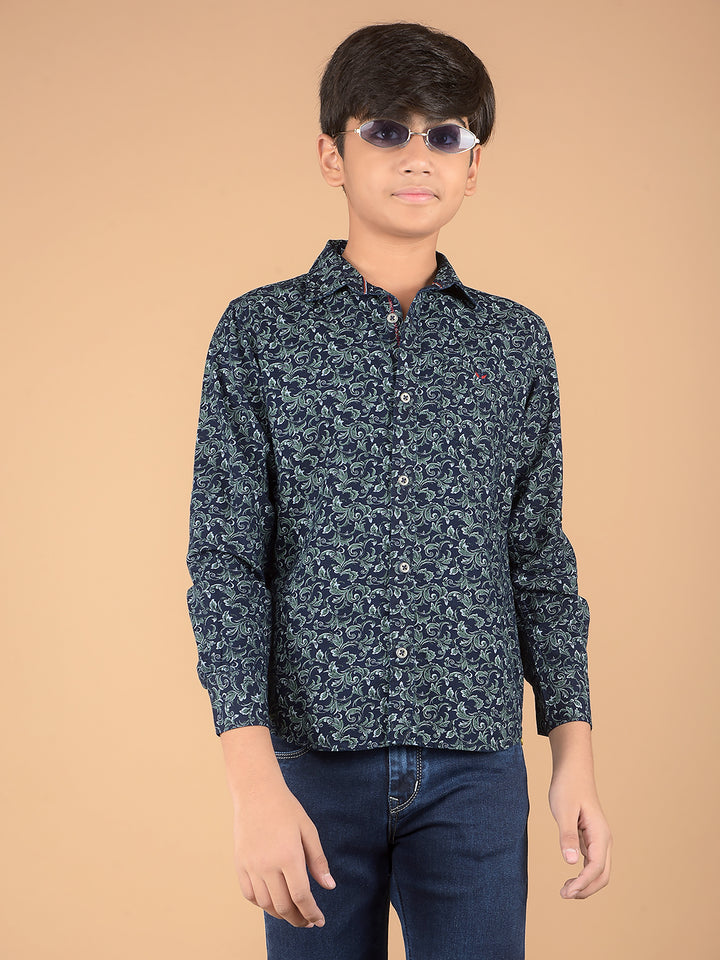 Green Floral Print 100% Cotton Shirt-Boys Shirts-Crimsoune Club