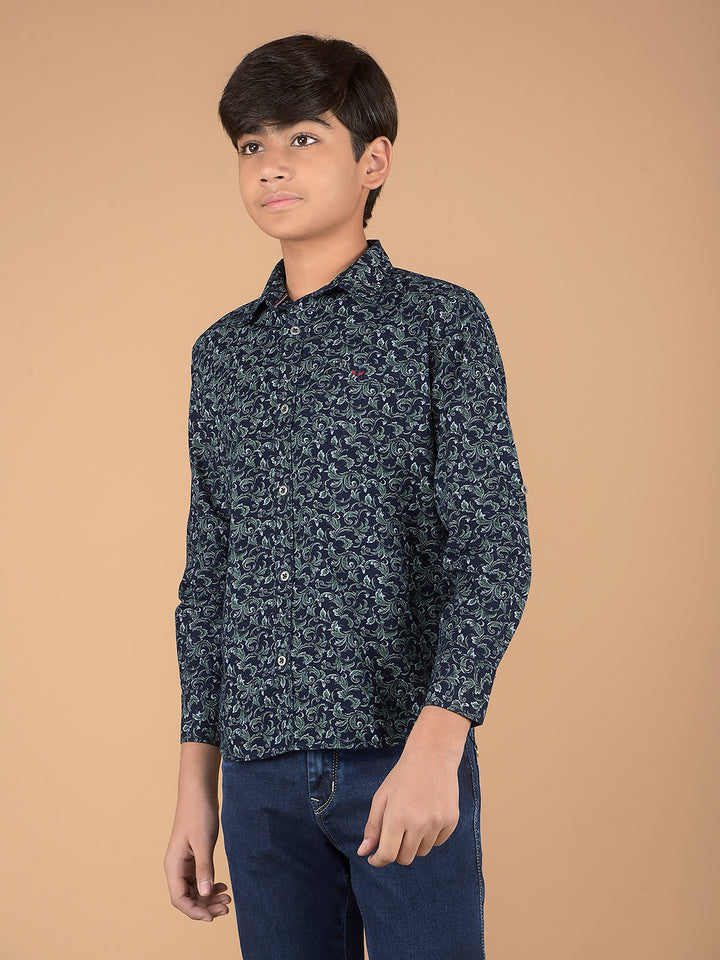 Green Floral Print 100% Cotton Shirt-Boys Shirts-Crimsoune Club