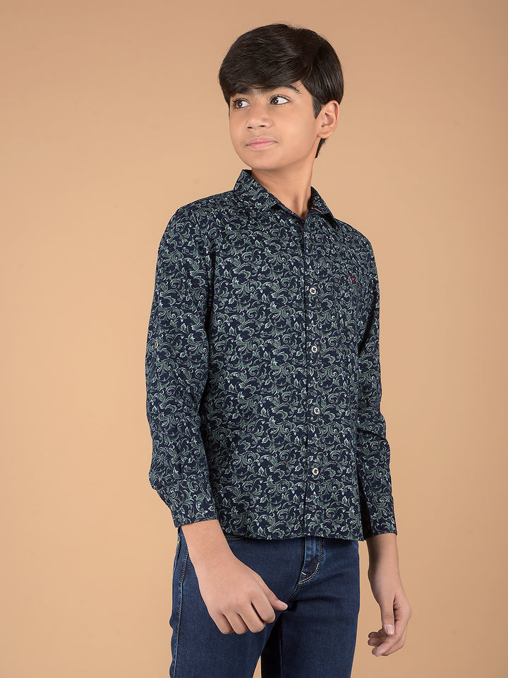 Green Floral Print 100% Cotton Shirt-Boys Shirts-Crimsoune Club