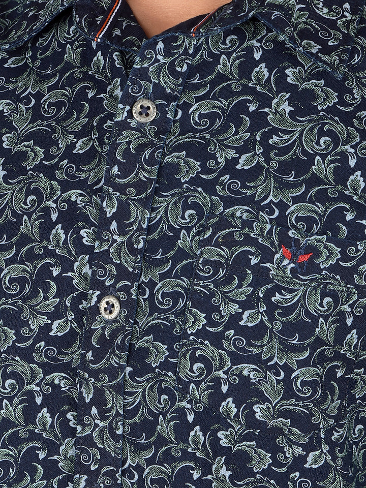 Green Floral Print 100% Cotton Shirt-Boys Shirts-Crimsoune Club