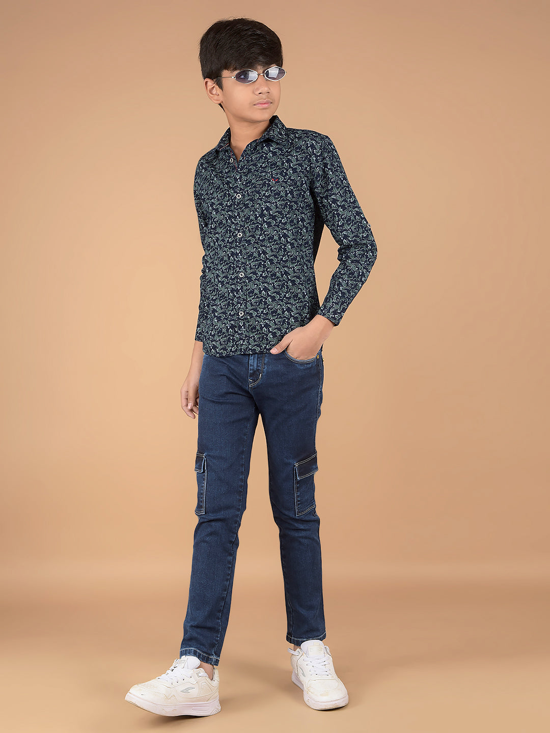 Green Floral Print 100% Cotton Shirt-Boys Shirts-Crimsoune Club