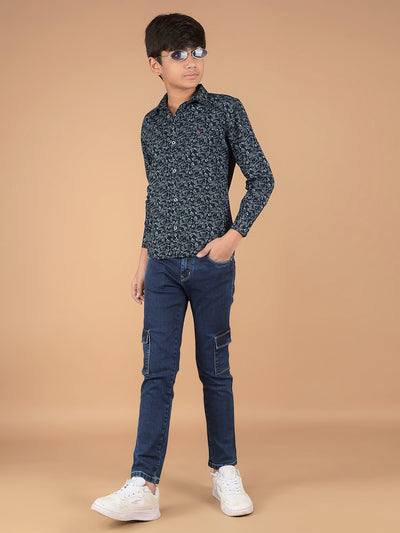 Green Floral Print 100% Cotton Shirt-Boys Shirts-Crimsoune Club
