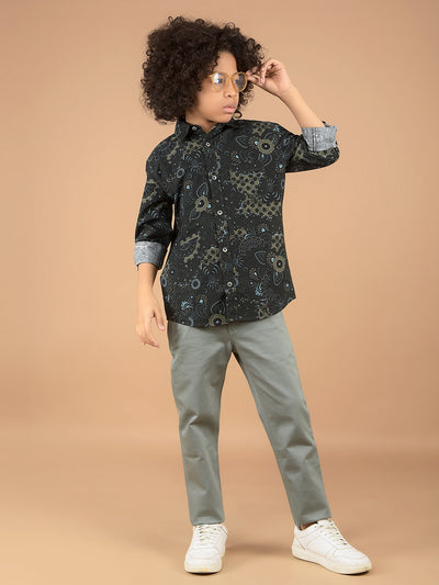 Olive Floral Print 100% Cotton Shirt-Boys Shirts-Crimsoune Club