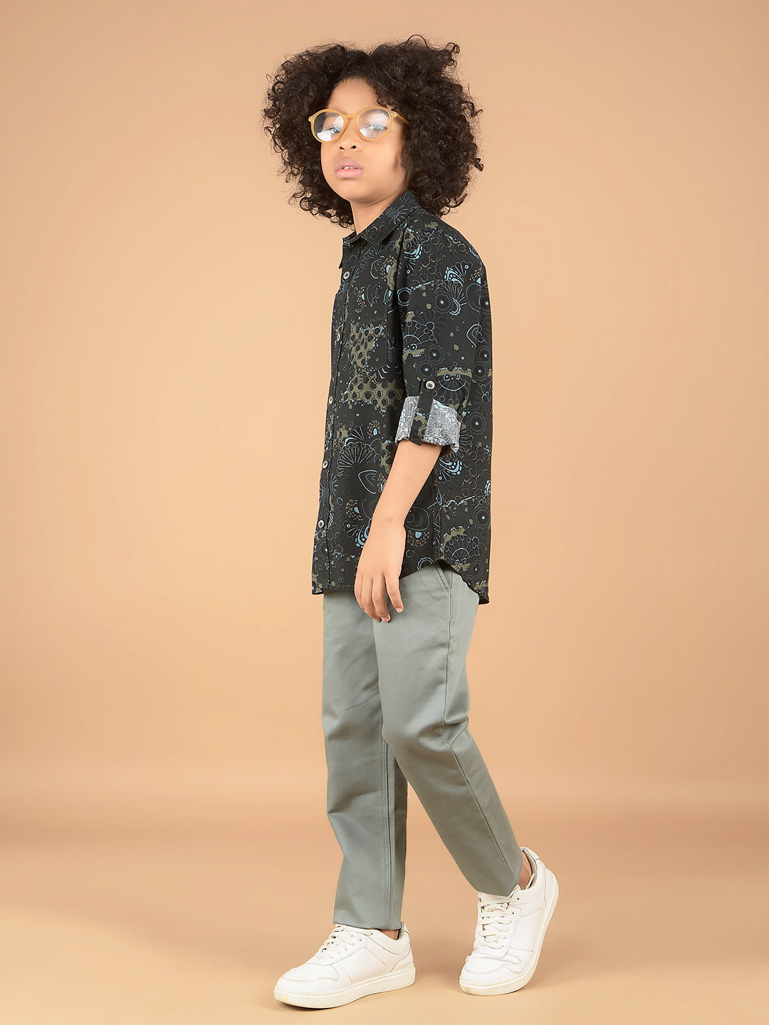 Olive Floral Print 100% Cotton Shirt-Boys Shirts-Crimsoune Club