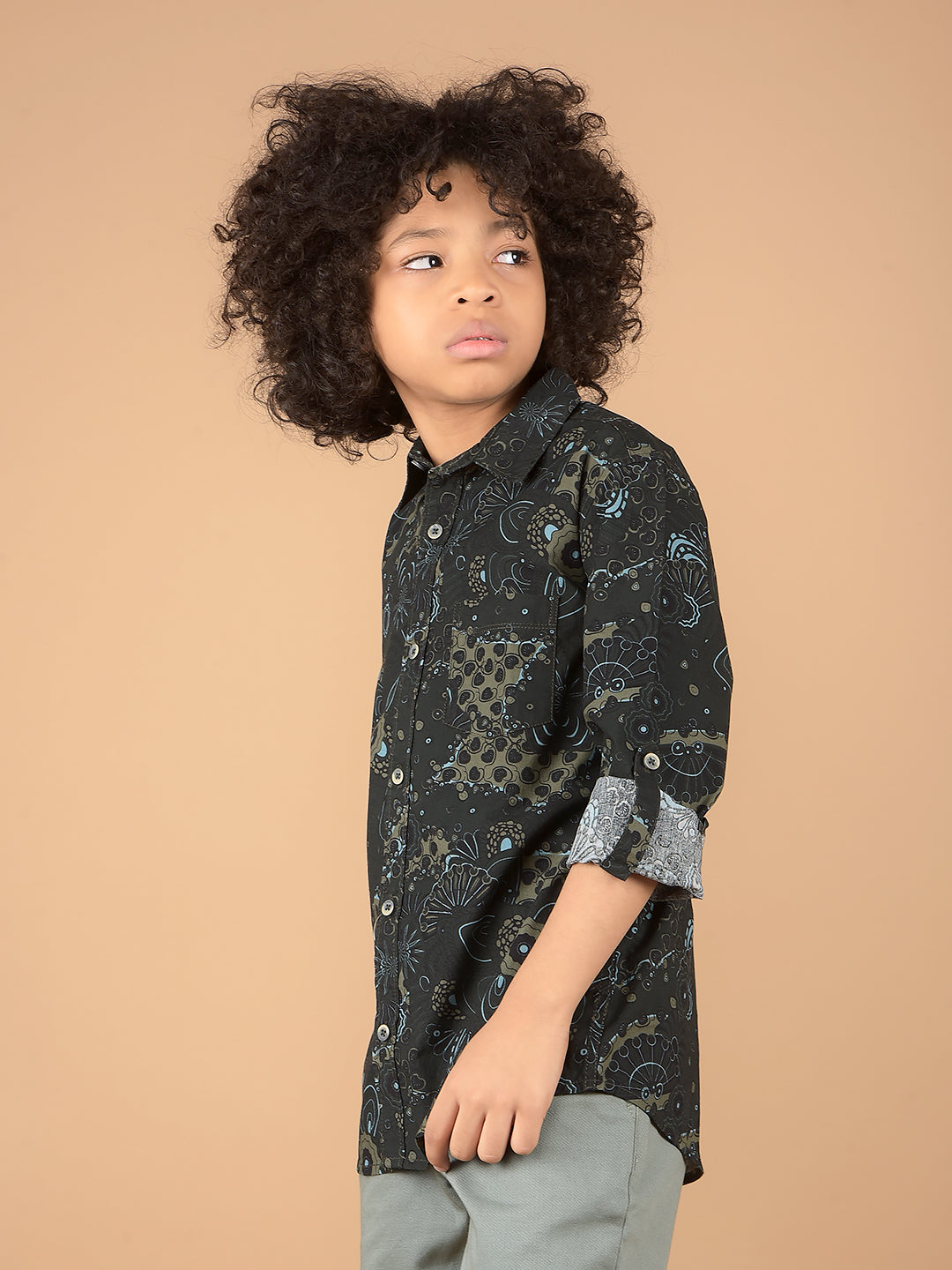 Olive Floral Print 100% Cotton Shirt-Boys Shirts-Crimsoune Club
