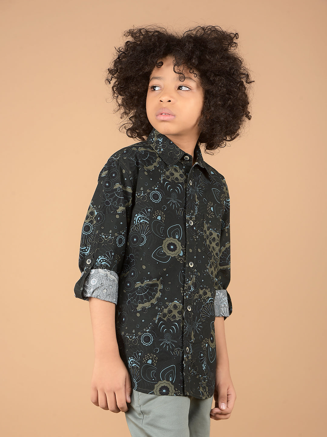 Olive Floral Print 100% Cotton Shirt-Boys Shirts-Crimsoune Club