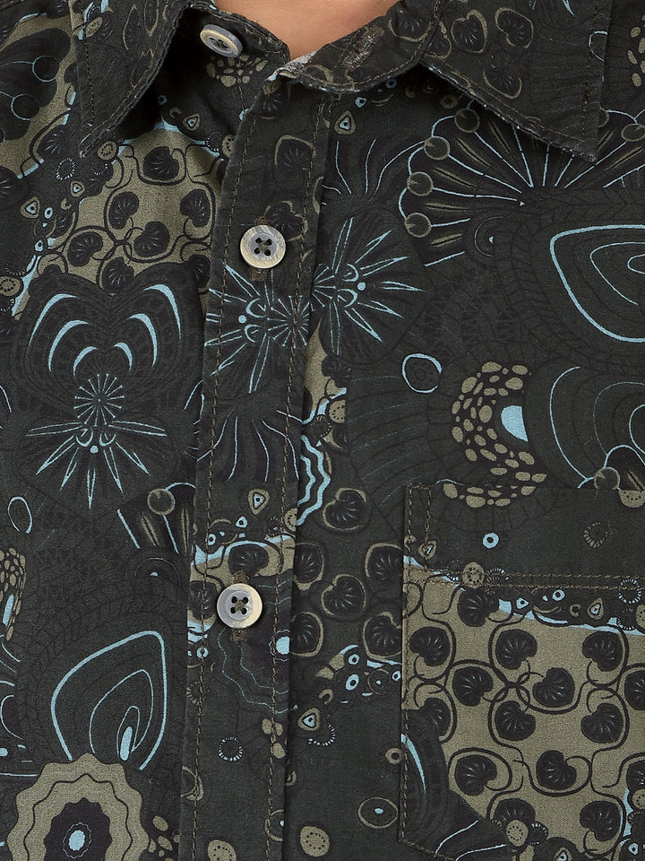 Olive Floral Print 100% Cotton Shirt-Boys Shirts-Crimsoune Club
