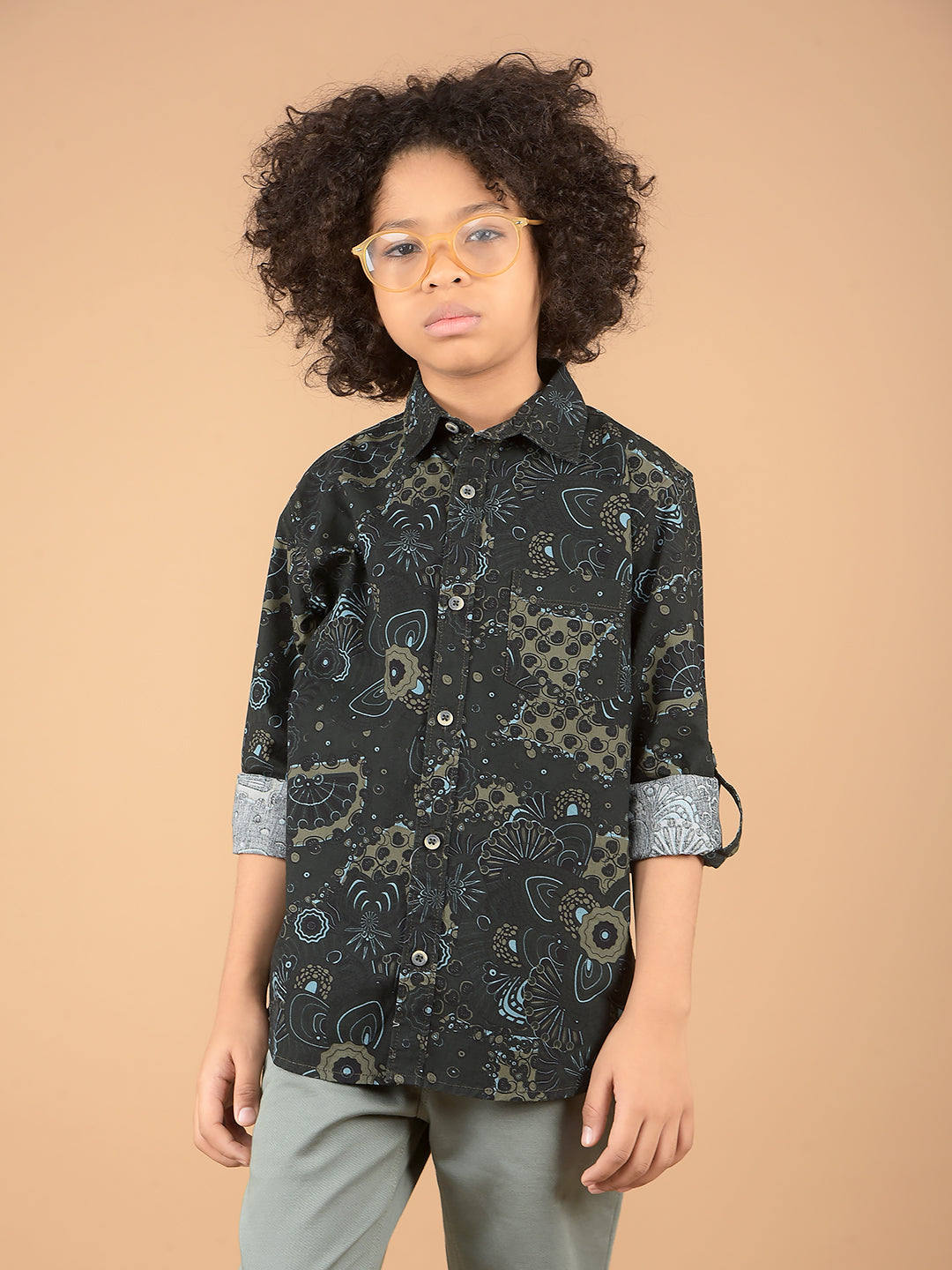 Olive Floral Print 100% Cotton Shirt-Boys Shirts-Crimsoune Club