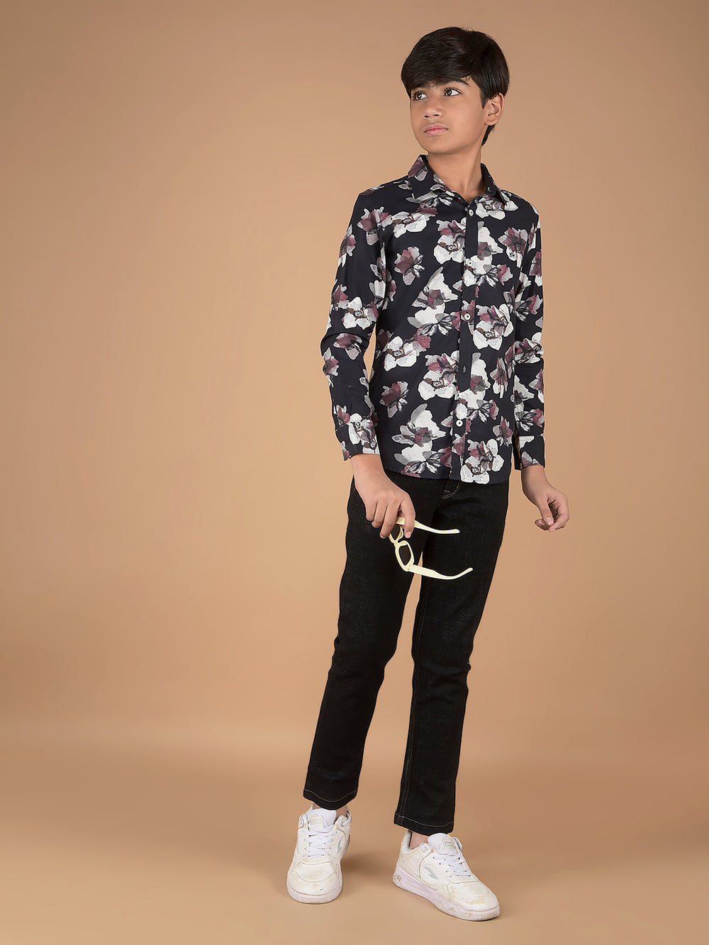 Black Floral Print 100% Cotton Shirt-Boys Shirts-Crimsoune Club