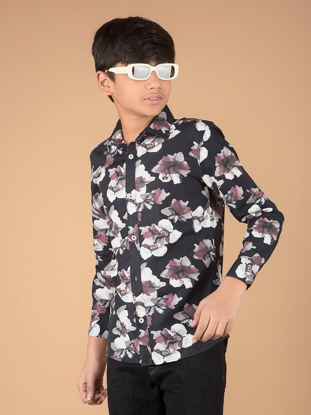 Black Floral Print 100% Cotton Shirt-Boys Shirts-Crimsoune Club