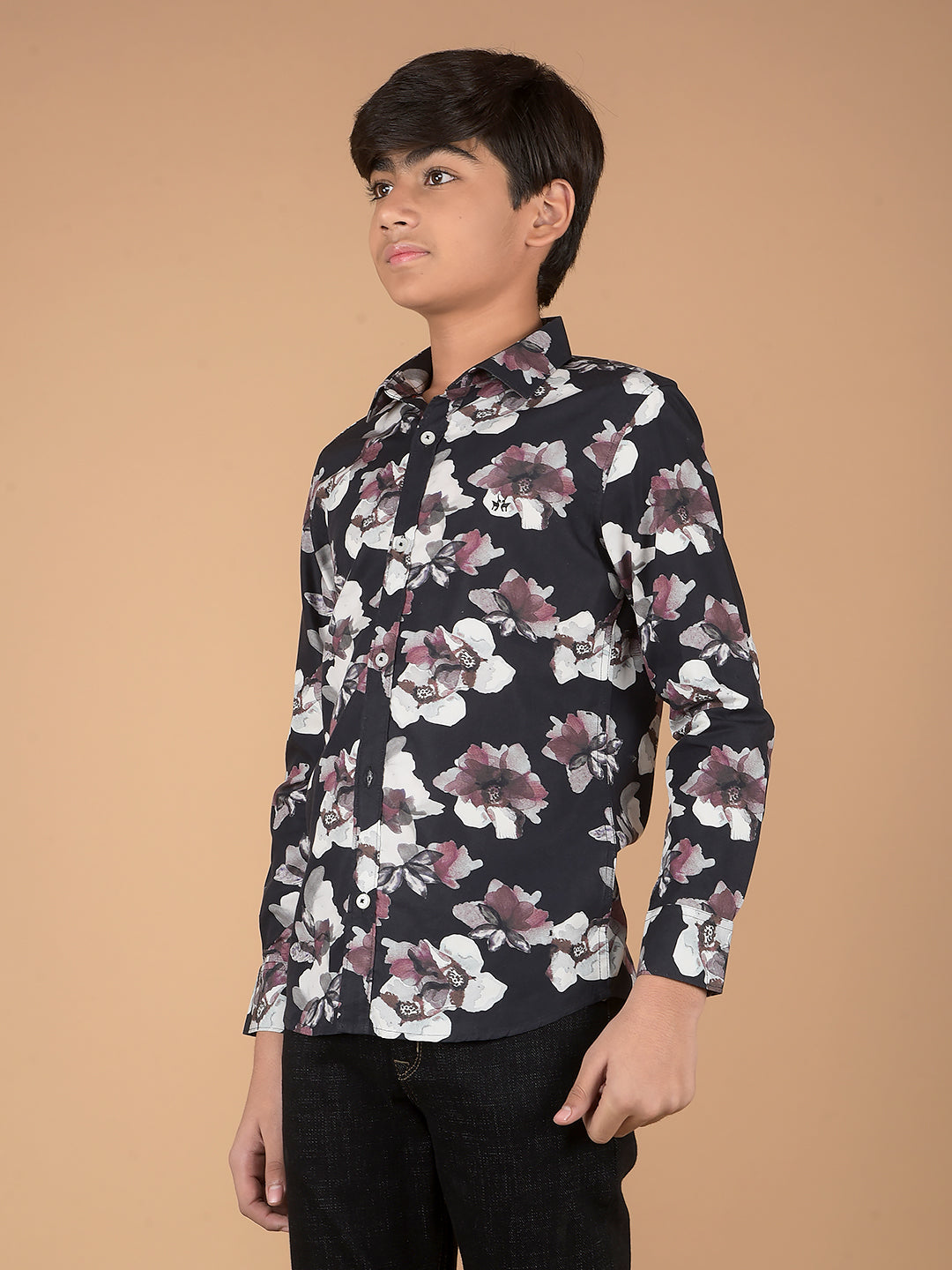 Black Floral Print 100% Cotton Shirt-Boys Shirts-Crimsoune Club