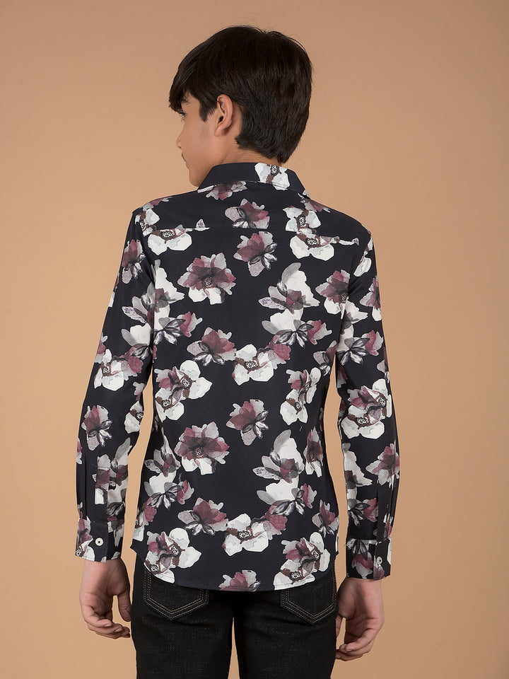 Black Floral Print 100% Cotton Shirt-Boys Shirts-Crimsoune Club