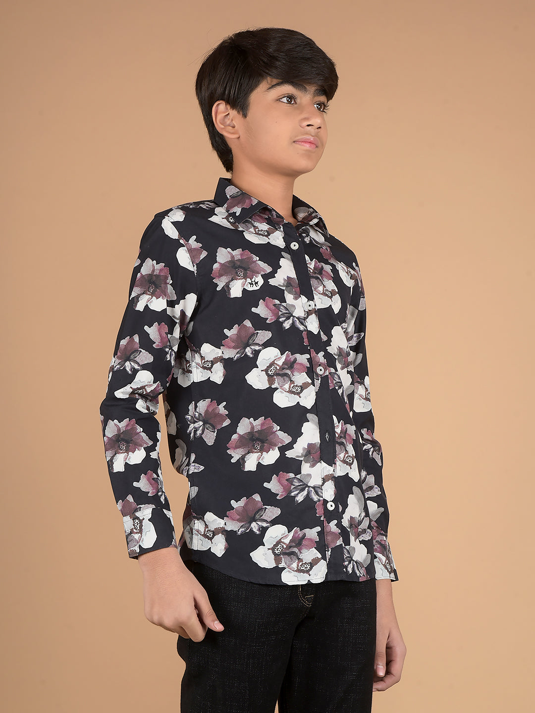 Black Floral Print 100% Cotton Shirt-Boys Shirts-Crimsoune Club