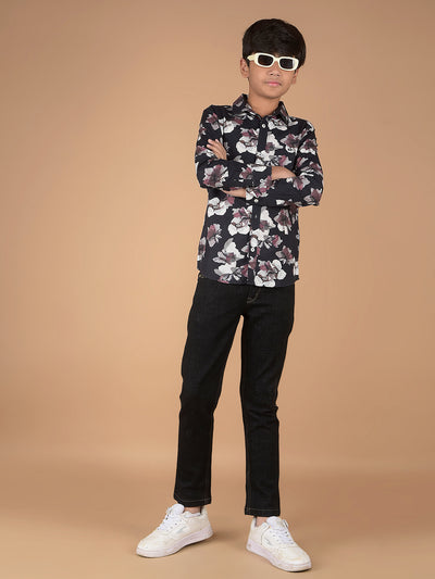 Black Floral Print 100% Cotton Shirt-Boys Shirts-Crimsoune Club