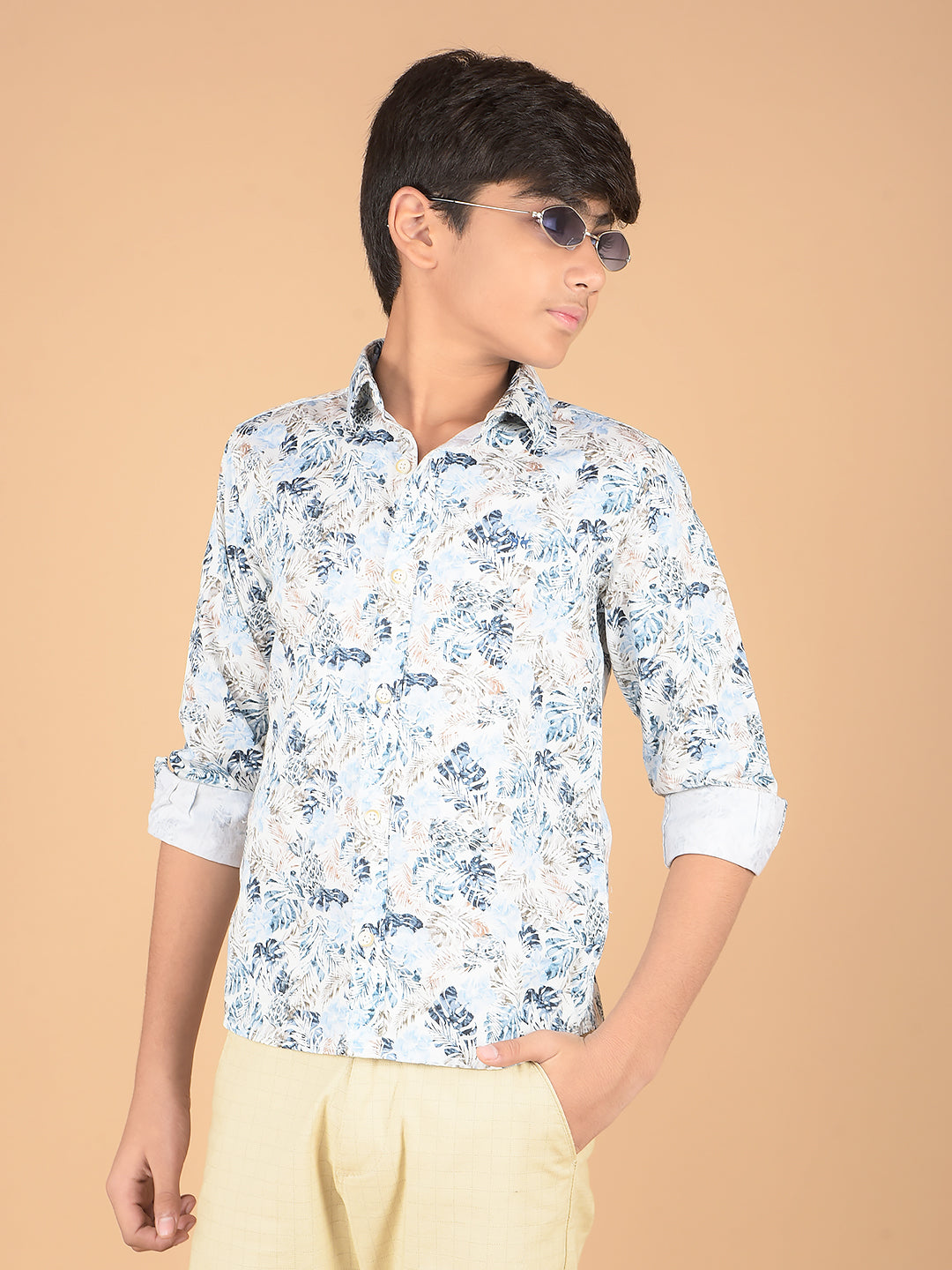 Blue Floral Print 100% Cotton Shirt-Boys Shirts-Crimsoune Club