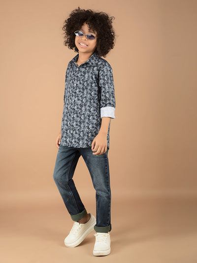 Blue Floral Print 100% Cotton Shirt-Boys Shirts-Crimsoune Club