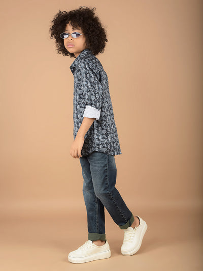 Blue Floral Print 100% Cotton Shirt-Boys Shirts-Crimsoune Club