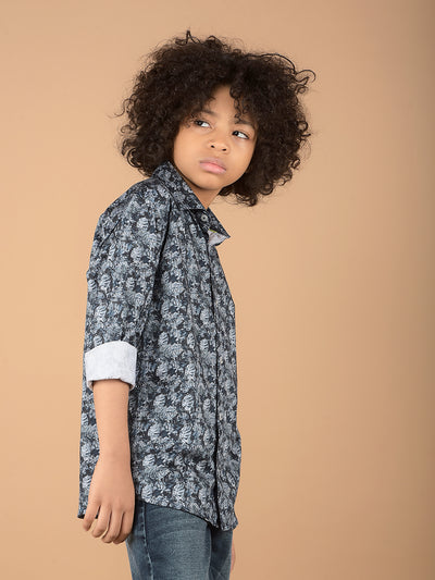 Blue Floral Print 100% Cotton Shirt-Boys Shirts-Crimsoune Club