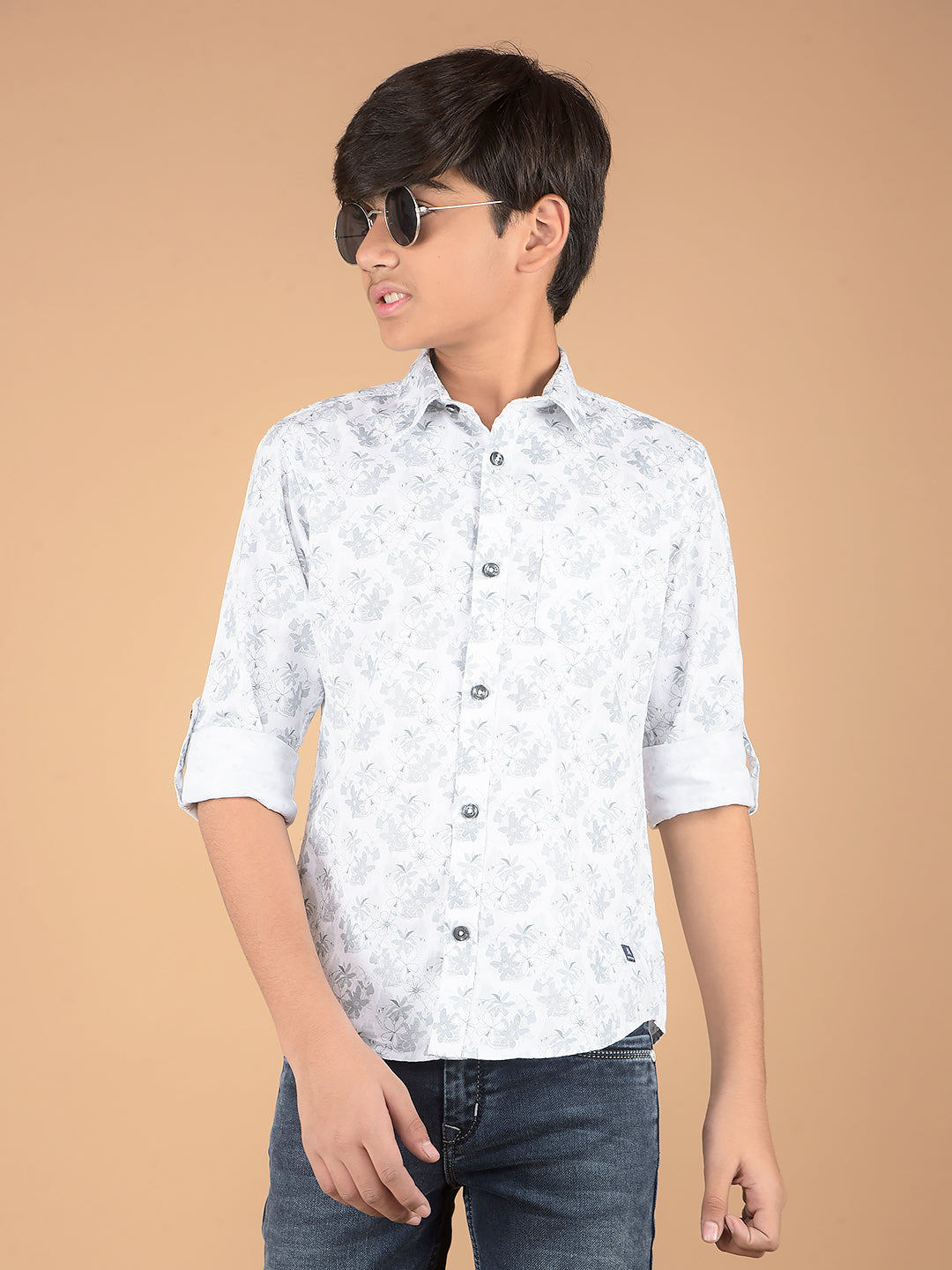Grey Floral Print 100% Cotton Shirt-Boys Shirts-Crimsoune Club