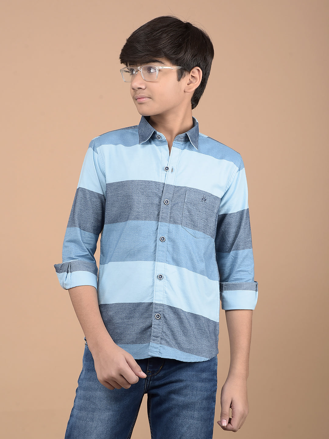 Blue Colorblock Button Down Collar 100% Cotton Shirt-Boys Shirts-Crimsoune Club
