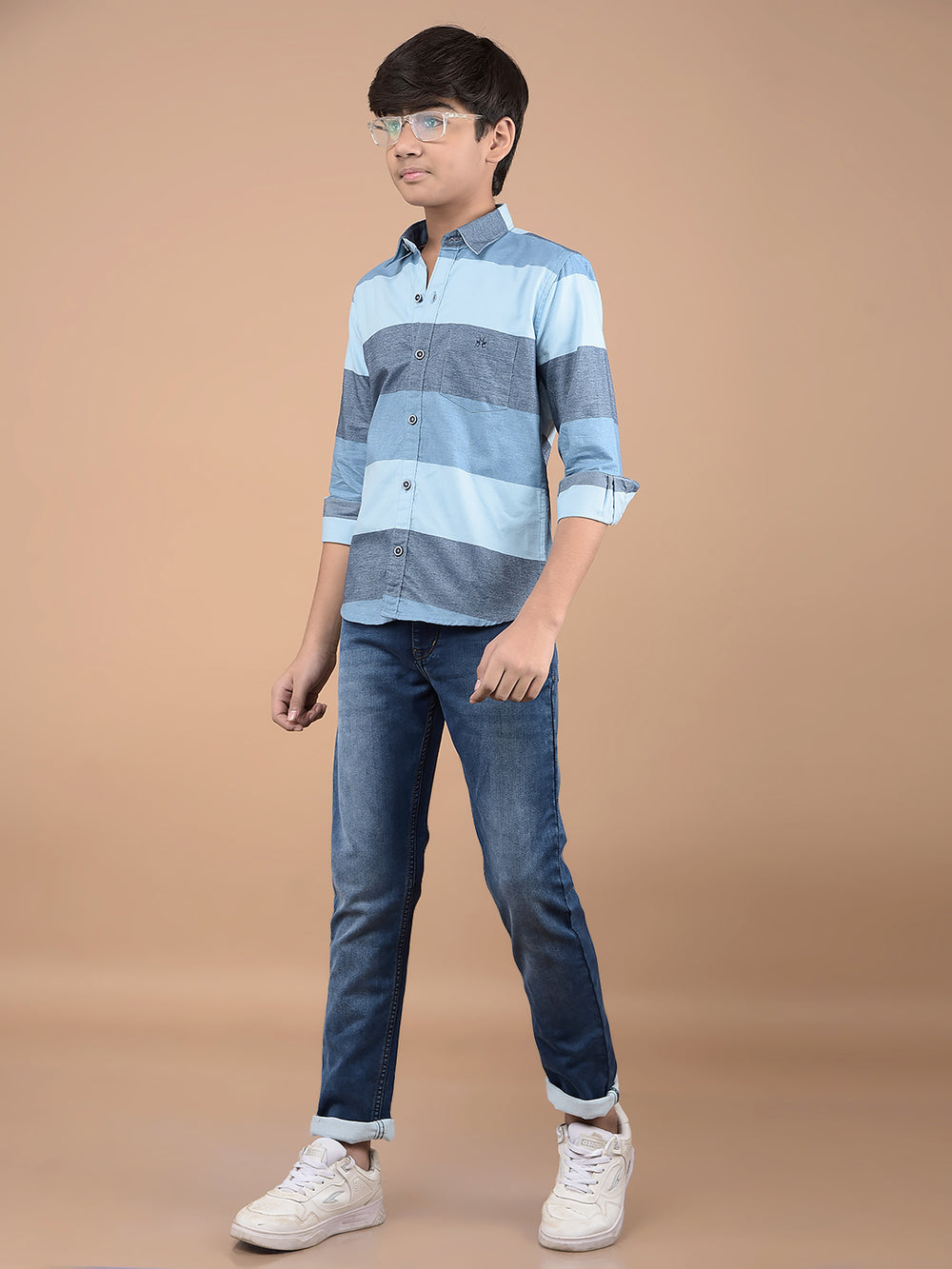 Blue Colorblock Button Down Collar 100% Cotton Shirt-Boys Shirts-Crimsoune Club