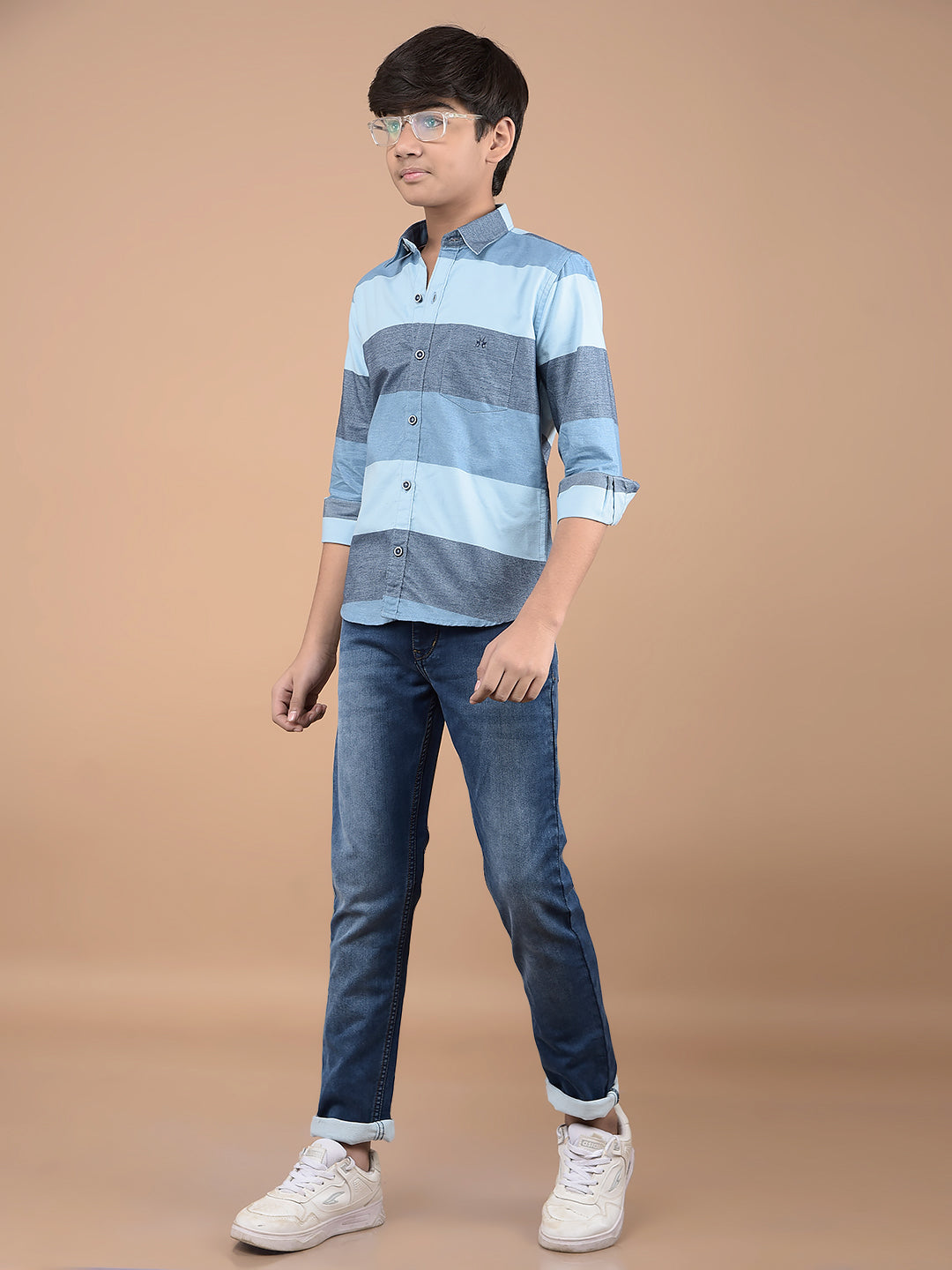 Blue Colorblock Button Down Collar 100% Cotton Shirt-Boys Shirts-Crimsoune Club