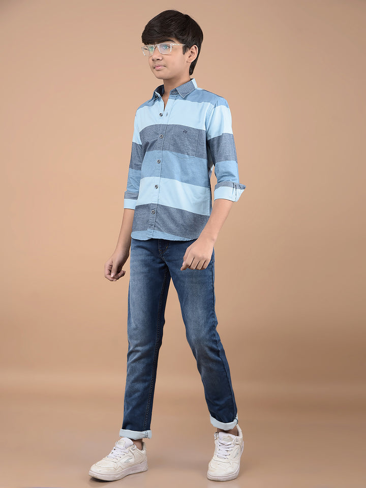 Blue Colorblock Button Down Collar 100% Cotton Shirt-Boys Shirts-Crimsoune Club