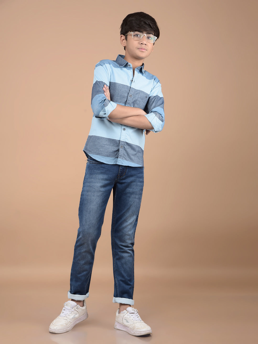 Blue Colorblock Button Down Collar 100% Cotton Shirt-Boys Shirts-Crimsoune Club