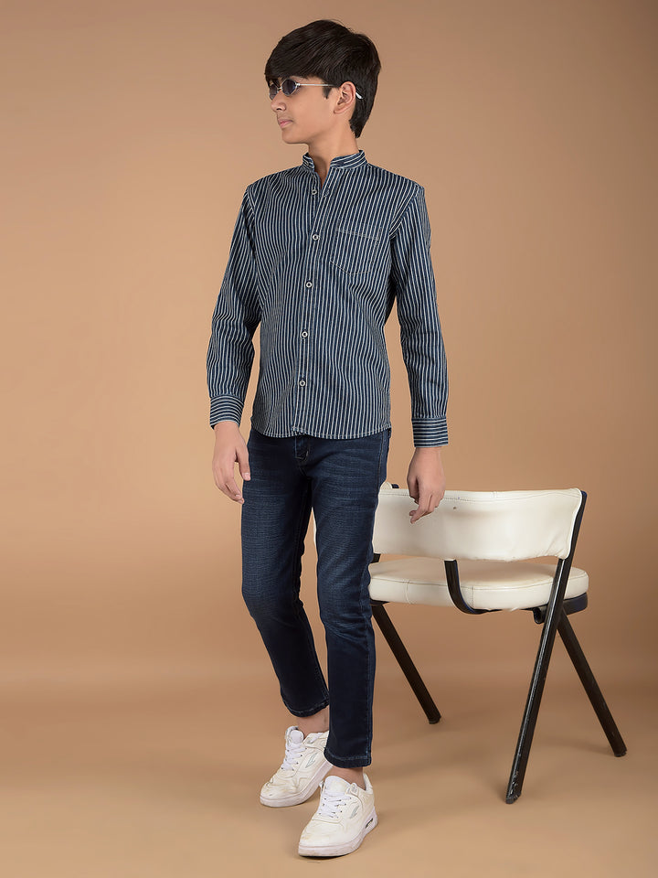 Navy Blue Vertical Stripes Denim Shirt-Boys Shirts-Crimsoune Club