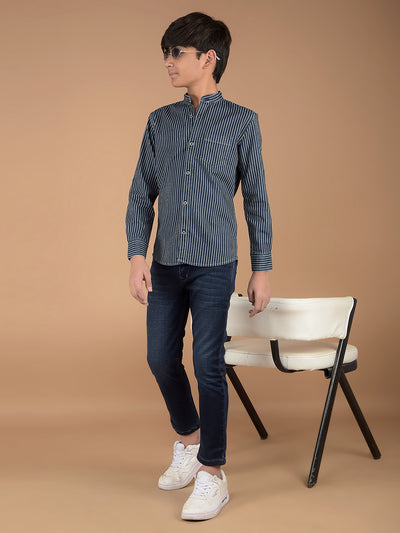 Navy Blue Vertical Stripes Denim Shirt-Boys Shirts-Crimsoune Club